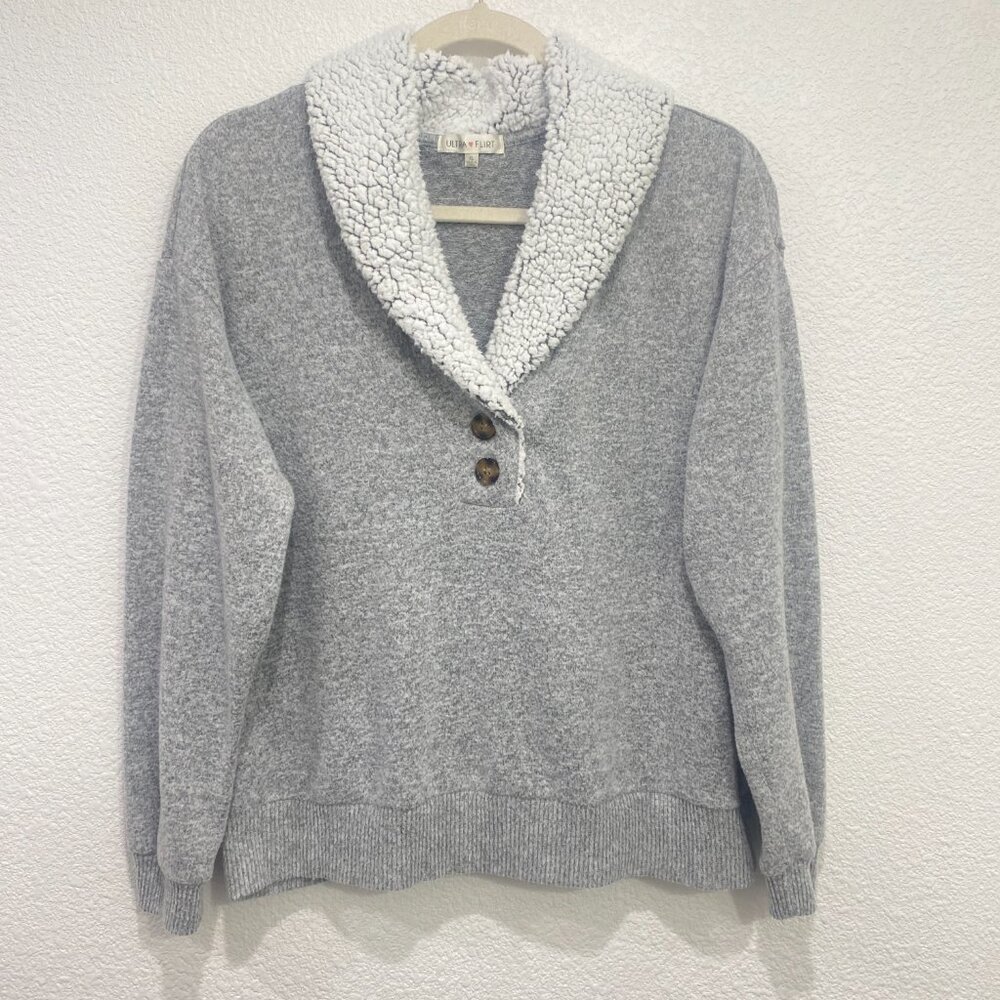 Ultra Flirt Pullover Sweatshirt Sherpa Collar Button Up Grey XL - Picture 2 of 6